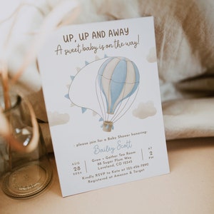Up up and away hot air balloon baby shower invitation, editable boy blue adventure awaits invite template, digital download, Corjl, HAB02
