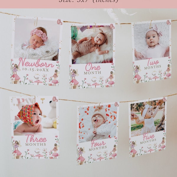 Fairy first birthday photo banner, editable 1st birthday 12 month photo banner, first year monthly milestone photo cards, Corjl, FAIRY02