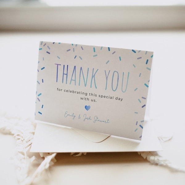 Editable sprinkle thank you card, boy blue sprinkles baby shower thank you card template, sprinkled with love thank you note, Corjl, SPR01