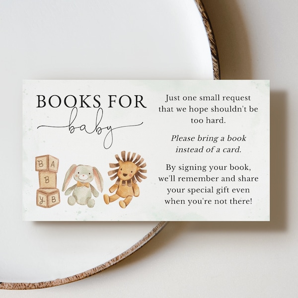 Editable gender neutral books for baby card, beige boho baby toy animals baby shower book request, baby library insert card, Corjl, GNB01