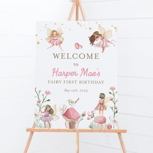 Fairy first birthday welcome sign, editable fairy garden sign, magical fairy poster, enchanted forest welcome sign template, FAIRY02