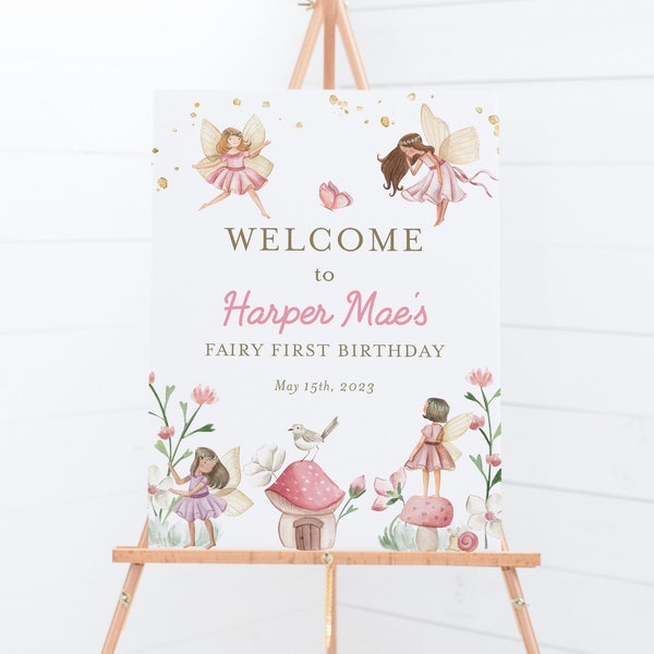 Fairy first birthday welcome sign, editable fairy garden sign, magical fairy poster, enchanted forest welcome sign template, FAIRY02