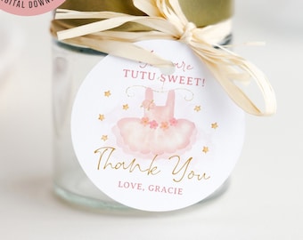 Etiqueta de agradecimiento de cumpleaños de Tutu, etiqueta de pegatina redonda de bailarina linda de tutu editable, etiqueta de regalo de fiesta de baile de ballet, descarga instantánea, Corjl, TTC01