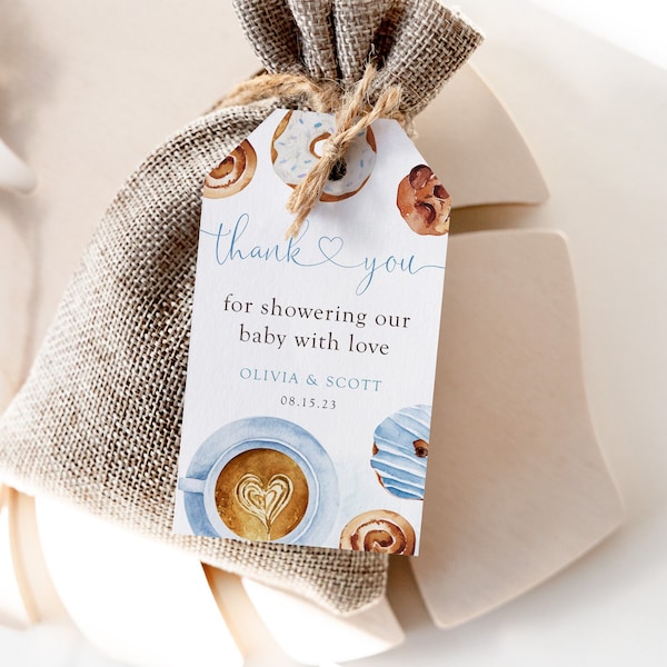 Coffee thank you gift tag template, editable blue baby boy brunch favor tag, something sweet is brewing tag, instant download, Corjl, SWT02