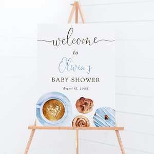 Editable coffee and donut welcome sign, something sweet is brewing blue boy baby shower sign, coffee brunch welcome poster, Corjl, SWT02
