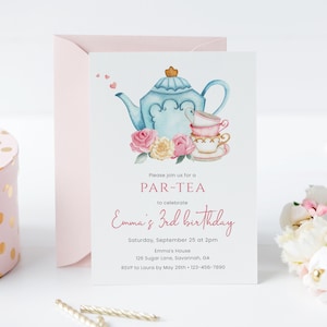 Tea party birthday invitation, editable girl tea party invite, pink floral Par-tea invite,  instant download Corjl template