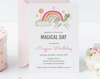 Editable boho rainbow and unicorn birthday invitation, magical girl birthday party invitation template, unicorn party invite, UNC