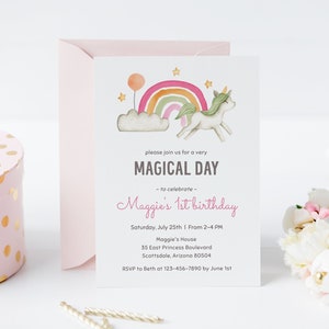 Editable boho rainbow and unicorn birthday invitation, magical girl birthday party invitation template, unicorn party invite, UNC
