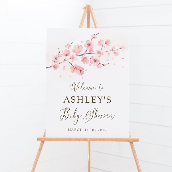 Cherry blossom welcome sign template, editable spring Japanese sakura pink floral poster, 24x36", 20x30", 18x24", 16x20", Corjl, SAK01