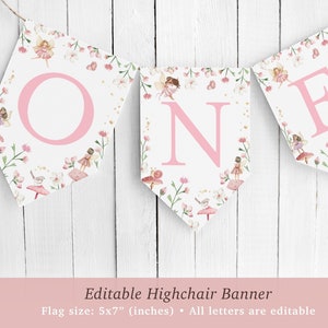 Editable fairy birthday ONE highchair banner flag, pink fairy garden high chair garland, 1st birthday bunting banner, Corjl, FAIRY02