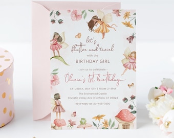 May include: A pink and green fairy-themed birthday invitation with the text "let's flutter and twirl with the birthday girl - join us to celebrate - Olivia's 1st birthday". The invitation includes details for the party, including the date, time, location, and RSVP information.