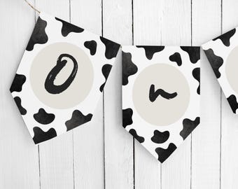 Cow birthday ONE highchair banner flag, editable neutral holy cow I'm one high chair garland, 1st birthday bunting banner, cow print, HOL01