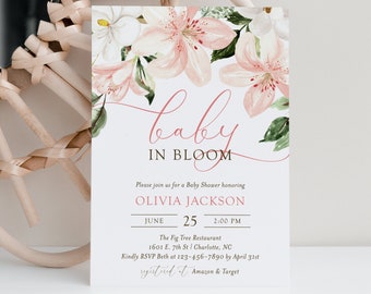 Lilies and roses baby in bloom baby shower invitation template, editable pink and white floral invite, digital download, Corjl, LIL01