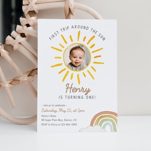 Invito fotografico per il primo viaggio intorno al sole, invito modificabile per il primo compleanno del sole, invito per il compleanno del sole del ragazzo, Corjl, SUN02