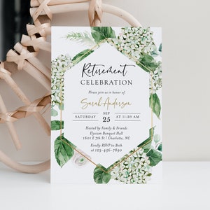 Hydrangea Retirement Party Invitation, Green and Gold Floral (Editable Template)