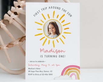 First trip around the sun birthday photo invite, editable sunshine 1st birthday invitation, baby girl sun birthday invitation, Corjl, SUN02