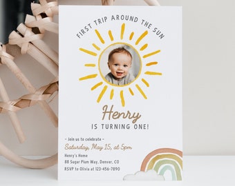 First trip around the sun birthday photo invite, editable sunshine 1st birthday invitation, boy sun birthday invitation, Corjl, SUN02