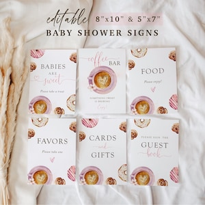 Something sweet is brewing sign bundle, 6 baby shower signs, coffee printable sign templates, editable girl pink table signs, SWT01