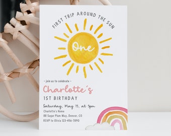 First trip around the sun birthday invite, editable sunshine 1st birthday invitation, girl sun birthday invitation, sun invite, Corjl, SUN02