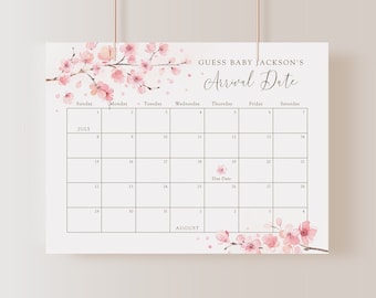 May include: A printable baby shower game with a pink floral design. The game asks guests to guess the baby's arrival date on a calendar with a due date marked. The text reads "Guess Baby Jackson's Arrival Date".
