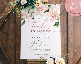 Lilies and roses baby in bloom baby shower welcome sign template, editable pink and white lily floral lawn sign, digital download, LIL01