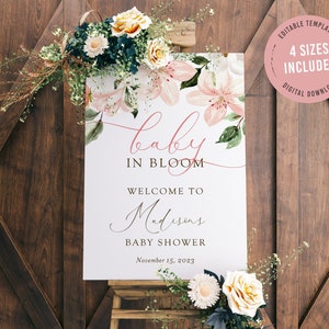 Plantilla de letrero de bienvenida para baby shower con lirios y rosas en flor, letrero de césped floral con lirios blancos y rosados editables, descarga digital, LIL01