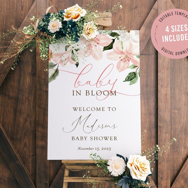 Lilies and roses baby in bloom baby shower welcome sign template, editable pink and white floral lawn sign, digital download, Corjl, LIL01