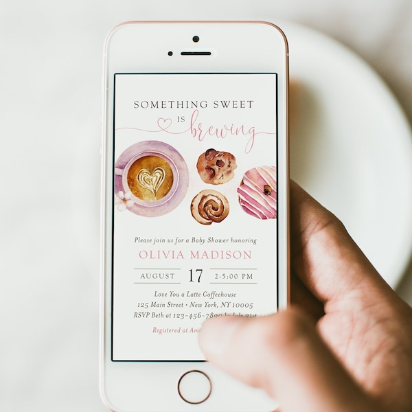 Something sweet is brewing baby shower digital invitation template, editable girl pink coffee donut electronic mobile phone evite, SWT01