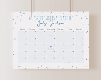 Sprinkle baby due date calendar game, editable boy blue sprinkles guess baby's birthday, baby shower prediction game template, Corjl, SPR01