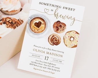 Something sweet is brewing baby shower invitation template, editable gender neutral baby brunch invite, coffee tea, printable, Corjl, SWT03