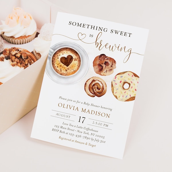 Quelque chose de sucré prépare un modèle d’invitation à une baby shower, une invitation à un brunch pour bébé neutre en matière de genre modifiable, un thé au café, imprimable, Corjl, SWT03