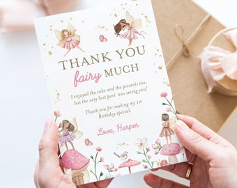 Editable fairy first birthday thank you card, magical fairies thank you note, enchanted floral fairy garden party, Corjl, FAIRY02