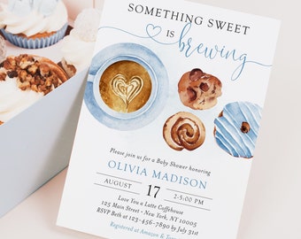 Something sweet is brewing baby shower invitation template, editable boy blue baby brunch invite, coffee tea, digital download, Corjl, SWT02