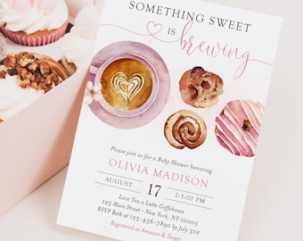 Something sweet is brewing baby shower invitation template, editable pink girl baby brunch invite, coffee tea, printable, Corjl, SWT01