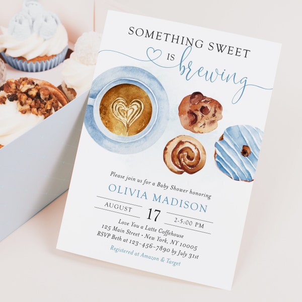 Something sweet is brewing baby shower invitation template, editable boy blue baby brunch invite, coffee tea, digital download, Corjl, SWT02