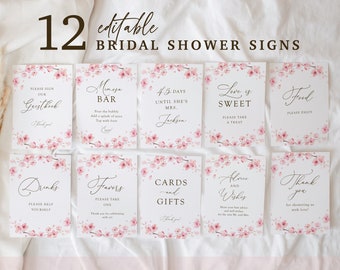 Cherry blossom bridal shower sign bundle, editable spring sakura floral wedding shower table sign template, table sign decor, Corjl, SAK02