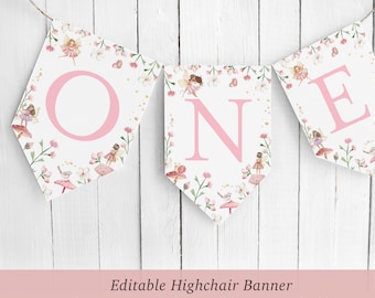 Editable fairy birthday ONE highchair banner flag, pink fairy garden high chair garland, 1st birthday bunting banner, Corjl, FAIRY02