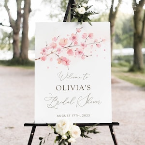 Modello di cartello di benvenuto per addio al nubilato con fiori di ciliegio, poster floreale giapponese primaverile modificabile con fiori rosa sakura, cartello per addio al nubilato, Corjl, SAK02