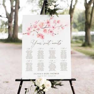 Kersenbloesem zitplaatsen grafiek baby douche welkom teken sjabloon, bewerkbare lente sakura roze bloemen bruids douche zitplaatsen grafiek, Corjl, SAK02