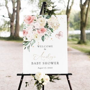 Plantilla de letrero de bienvenida baby shower baby in bloom, letrero de césped floral rosa rubor editable, póster de rosas de jardín, descarga digital, Corjl, BIB02