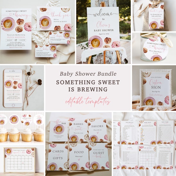 Something sweet is brewing baby shower bundle,  editable baby girl pink coffee donut party suite, invitation set template, Corjl, SWT01