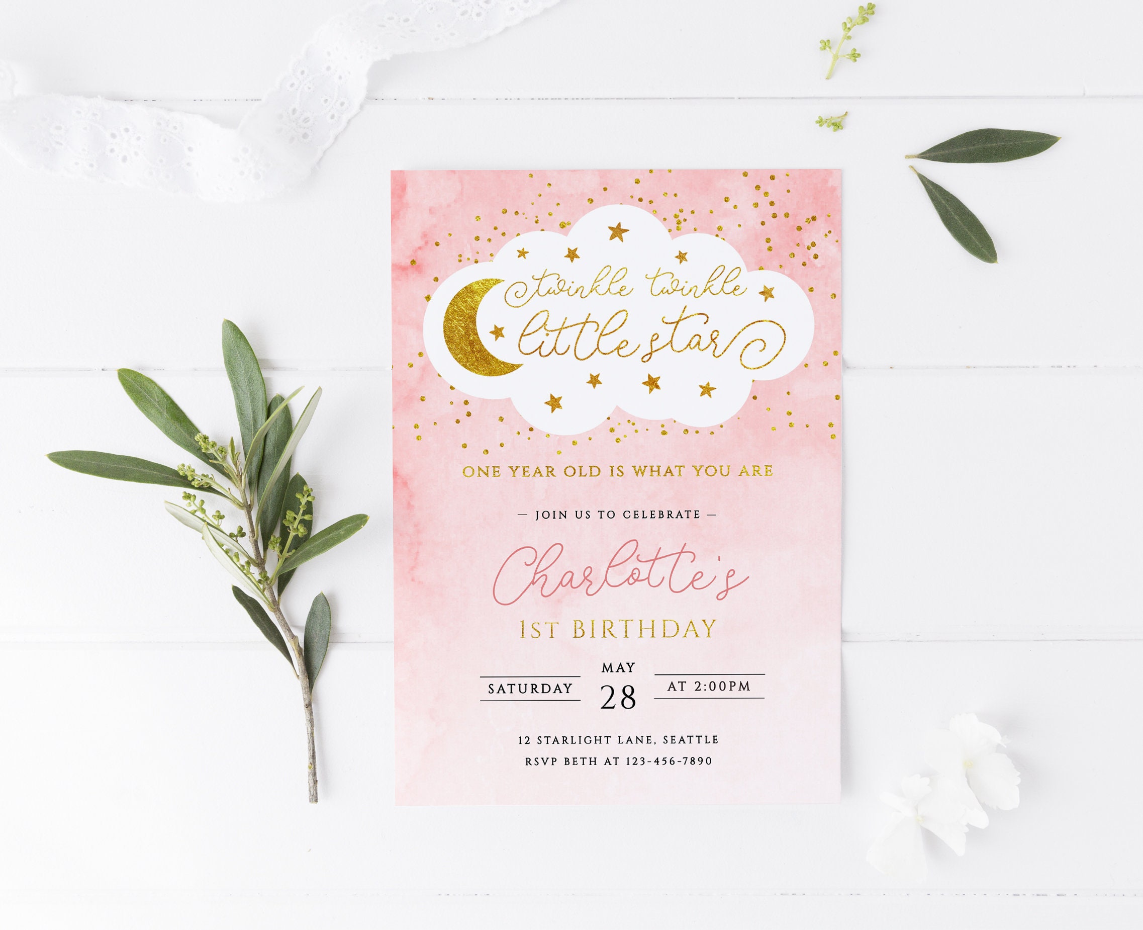 moon  Twinkle Twinkle Little Star Birthday Invitation, Editable