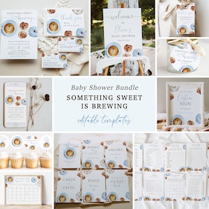 Pode incluir: Um pacote de chá de bebê com o tema "Something Sweet is Brewing". O pacote inclui modelos editáveis para convites, cartões de agradecimento, placas de boas-vindas, toppers para cupcakes, placas de comida e bebida, jogos e um livro de visitas. O design apresenta uma ilustração em aquarela de uma xícara de café com um design em forma de coração e um donut.