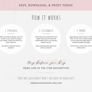 Pode incluir: Um gr&aacute;fico com instru&ccedil;&otilde;es sobre como comprar, personalizar e imprimir um modelo digital. O texto diz "Editar, baixar e imprimir hoje." "Como funciona" "1. Comprar" "Depois de fazer seu pedido, voc&ecirc; receber&aacute; um link para seu e-mail. Para acessar seu design, basta clicar no link ou ir para Corjl.com. N&atilde;o &eacute; necess&aacute;rio instalar nenhuma fonte ou programa." "2. Personalizar" "Personalize o modelo para atender &agrave;s suas necessidades. A maioria do texto e das cores &eacute; personaliz&aacute;vel. Edite em seu navegador, tablet ou telefone. Edi&ccedil;&otilde;es mais avan&ccedil;adas precisam ser feitas em um computador." "3. Imprimir" "Salve as edi&ccedil;&otilde;es e baixe como JPG, PNG ou PDF, com ou sem sangramento e marcas de corte, e uma &uacute;nica p&aacute;gina ou v&aacute;rios modelos por p&aacute;gina. Imprima em casa, em uma loja de impress&atilde;o ou em um centro de fotos." "Experimente antes de comprar LINK DE DEMO NA DESCRI&Ccedil;&Atilde;O DO ITEM" "TEM ALGUMA D&Uacute;VIDA? N&Atilde;O HESITE EM ENTRAR EM CONTATO! sweetmonsterstudio.etsy.com"