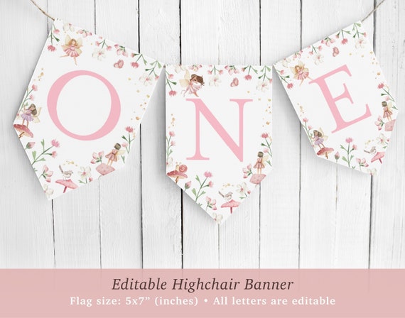 Editable fairy birthday ONE highchair banner flag, pink fairy garden high chair garland, 1st birthday bunting banner, Corjl, FAIRY02