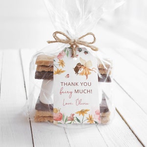 Pode incluir: Um saco de pl&aacute;stico transparente cheio de um deleite s'mores, amarrado com barbante e uma etiqueta de presente. A etiqueta apresenta uma ilustra&ccedil;&atilde;o em aquarela de uma fada com asas cor-de-rosa e flores. A etiqueta diz "Obrigado fada! Com amor, Olivia."