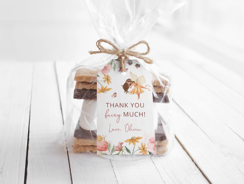 Pode incluir: Um saco de pl&aacute;stico transparente cheio de um deleite s'mores, amarrado com barbante e uma etiqueta de presente. A etiqueta apresenta uma ilustra&ccedil;&atilde;o em aquarela de uma fada com asas cor-de-rosa e flores. A etiqueta diz "Obrigado fada! Com amor, Olivia."