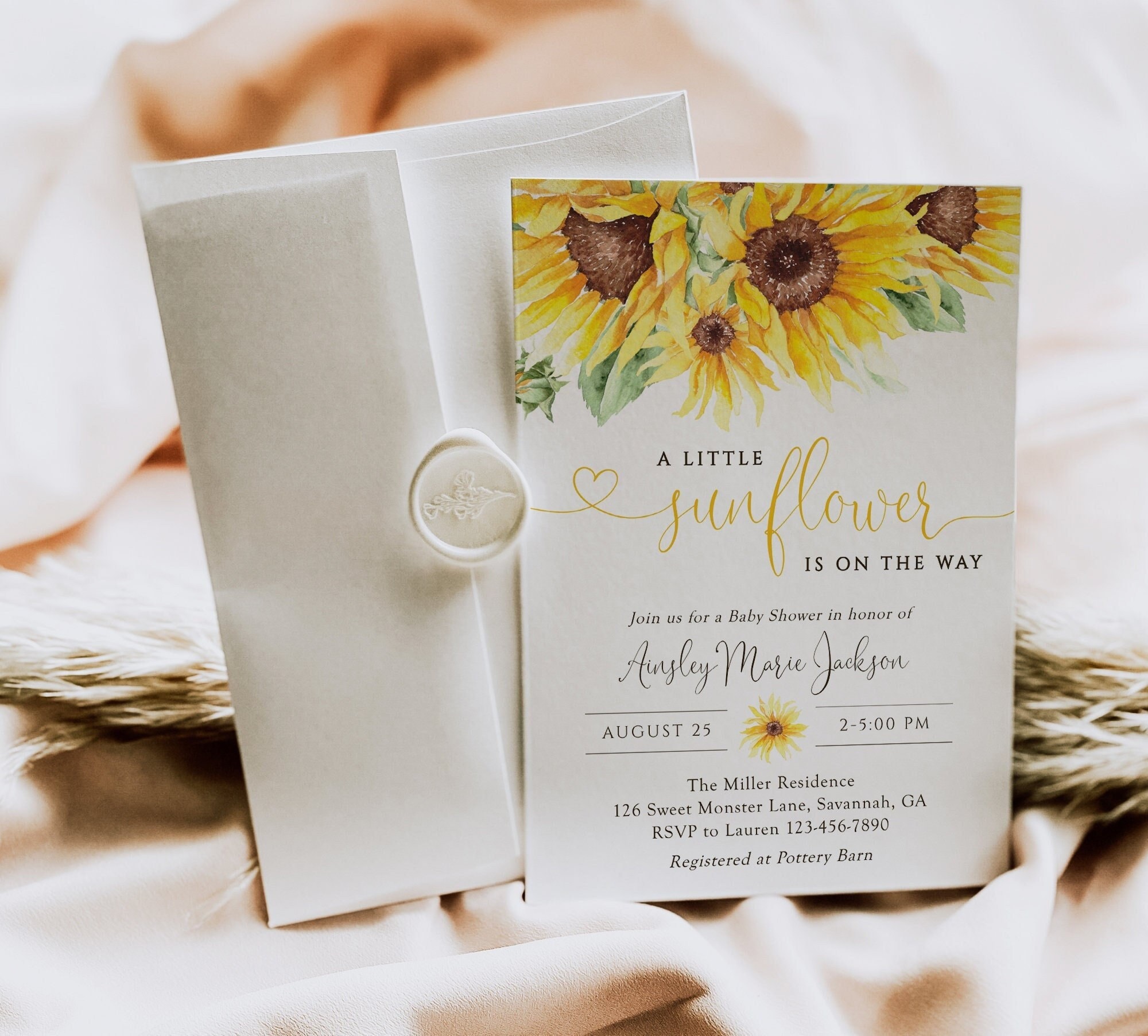 ひまわりのベビーシャワー招待状、編集可能なひまわりの招待状、黄色の