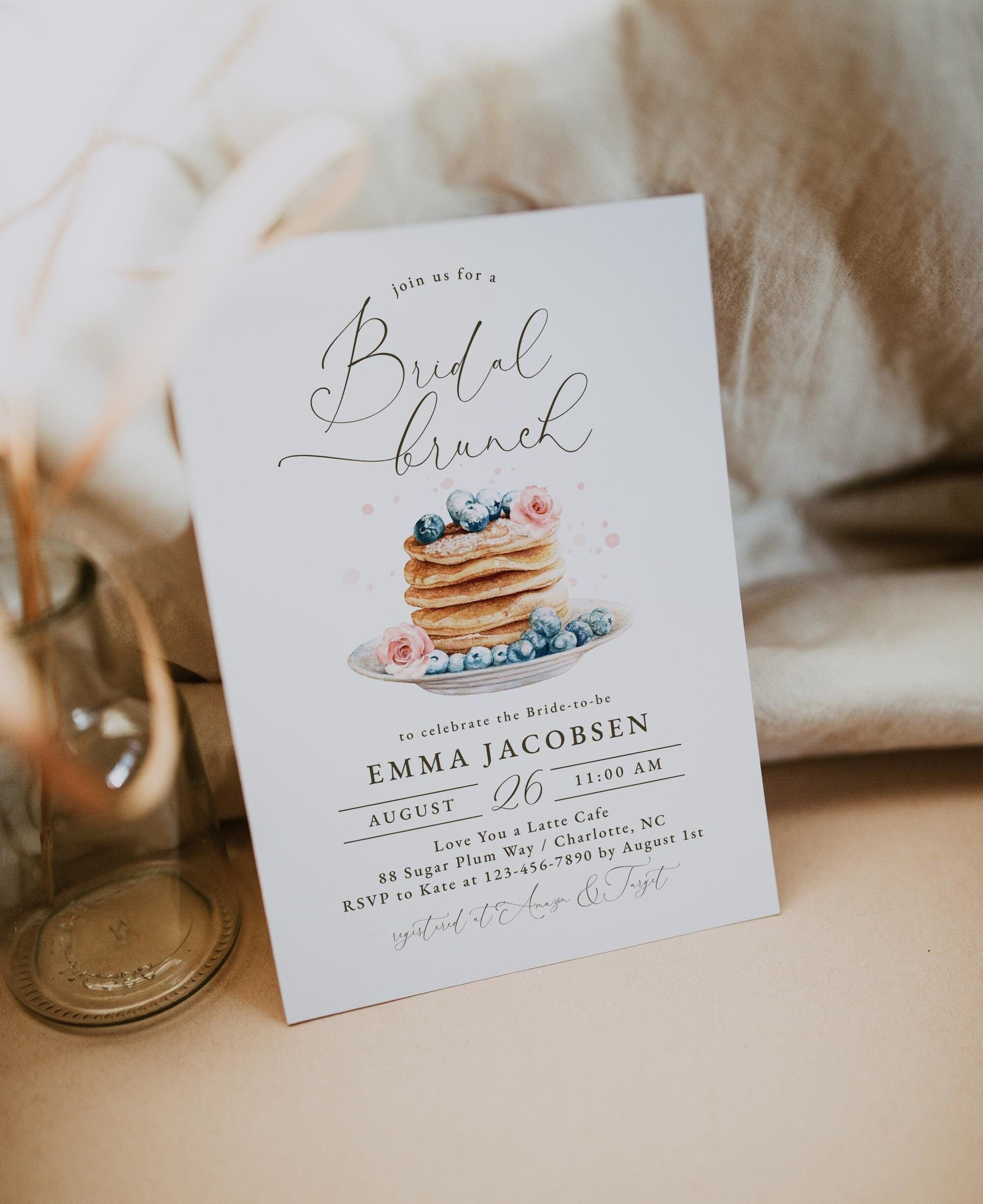 ❤︎ Bridal Pancake Brunch Invitation, Editable Pink Rose Floral