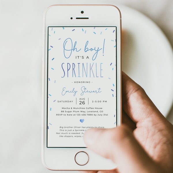 Sprinkle phone evite, editable oh boy sprinkles baby shower electronic invite, blue sprinkles mobile text invitation template, Corjl, SPR01